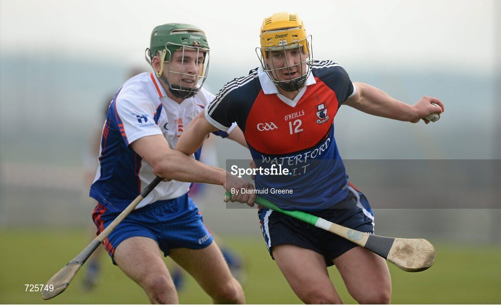 1 March 2013; Eoin Murphy, Waterford Institute of Technology, in action against Jamie Wall, Mary Immaculate College, Limerick. Irish Daily Mail Fitzgibbon Cup Semi-Final, Waterford Institute of Technology v Mary Immaculate College, Limerick, Carnmore GAA Club, Carnmore, Co. Galway. Picture credit: Diarmuid Greene / SPORTSFILE