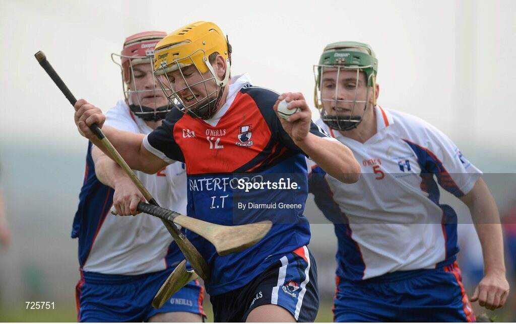 1 March 2013; Eoin Murphy, Waterford Institute of Technology, in action against Sean Curran, left, and Ciaran Haugh, Mary Immaculate College, Limerick. Irish Daily Mail Fitzgibbon Cup Semi-Final, Waterford Institute of Technology v Mary Immaculate College, Limerick, Carnmore GAA Club, Carnmore, Co. Galway. Picture credit: Diarmuid Greene / SPORTSFILE