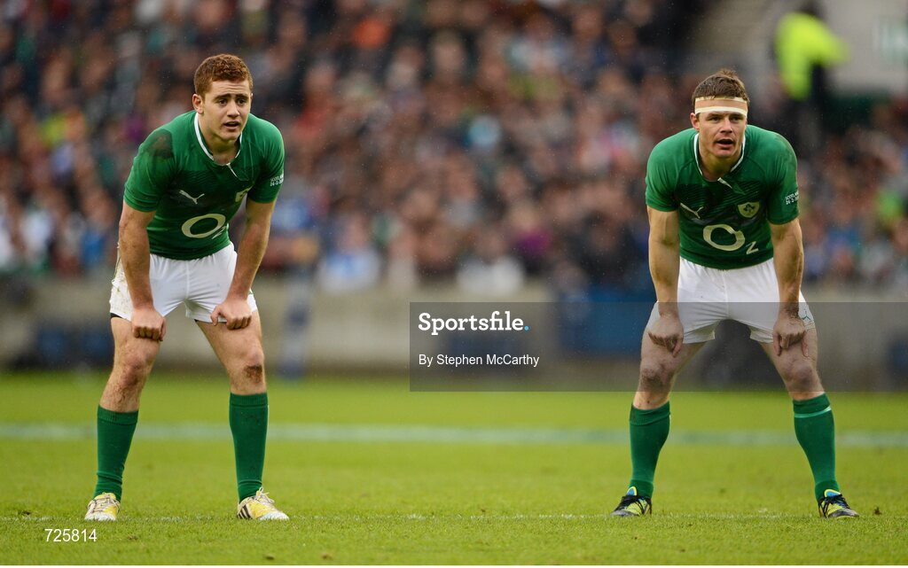 24 February 2013; Paddy Jackson, left, and Brian O'Driscoll, Ireland. RBS Six Nations Rugby Championship, Scotland v Ireland, Murrayfield Stadium, Edinburgh, Scotland. Picture credit: Stephen McCarthy / SPORTSFILE