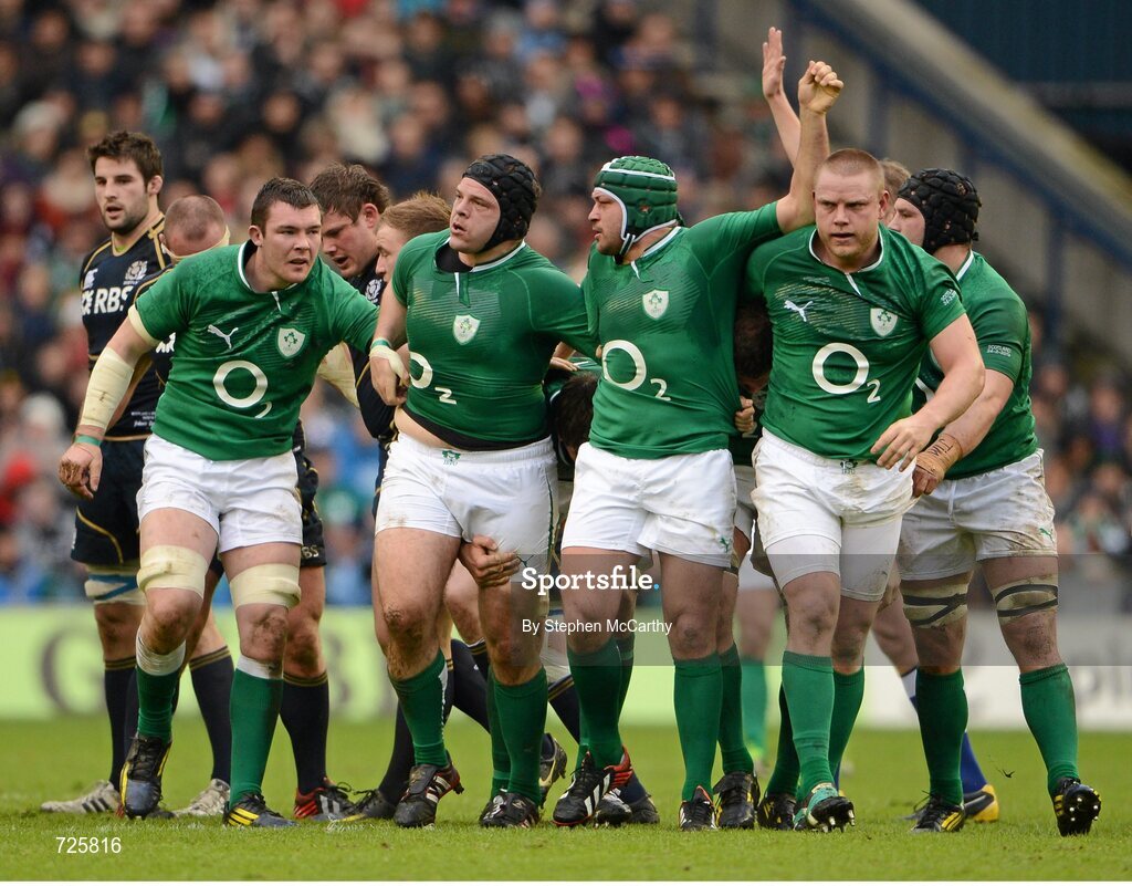 24 February 2013; Ireland scrum, from left, Peter O'Mahony, Mike Ross, Rory Best, Tom Court and Sean O'Brien. RBS Six Nations Rugby Championship, Scotland v Ireland, Murrayfield Stadium, Edinburgh, Scotland. Picture credit: Stephen McCarthy / SPORTSFILE