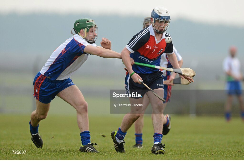 1 March 2013; Stephen Roche, Waterford Institute of Technology, in action against Jamie Wall, Mary Immaculate College, Limerick. Irish Daily Mail Fitzgibbon Cup Semi-Final, Waterford Institute of Technology v Mary Immaculate College, Limerick, Carnmore GAA Club, Carnmore, Co. Galway. Picture credit: Diarmuid Greene / SPORTSFILE