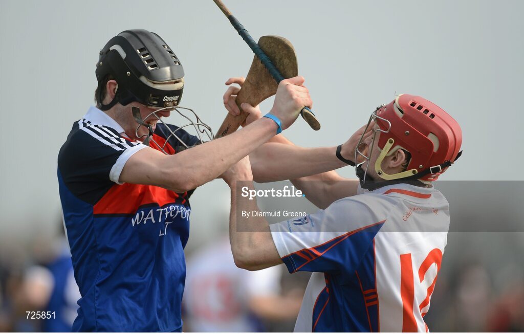 1 March 2013; Tomas Hammill, Waterford Institute of Technology, and Sean Curran, Mary Immaculate College, Limerick, tussle off the ball during the game. Irish Daily Mail Fitzgibbon Cup Semi-Final, Waterford Institute of Technology v Mary Immaculate College, Limerick, Carnmore GAA Club, Carnmore, Co. Galway. Picture credit: Diarmuid Greene / SPORTSFILE