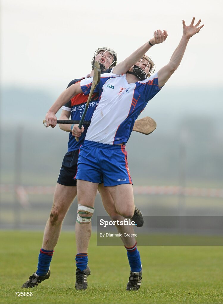 1 March 2013; Tomas Hammill, Waterford Institute of Technology, in action against Sean Curran, Mary Immaculate College, Limerick. Irish Daily Mail Fitzgibbon Cup Semi-Final, Waterford Institute of Technology v Mary Immaculate College, Limerick, Carnmore GAA Club, Carnmore, Co. Galway. Picture credit: Diarmuid Greene / SPORTSFILE