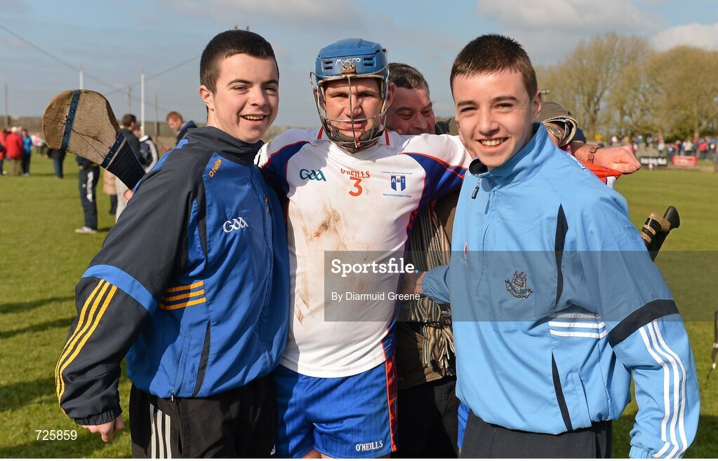 1 March 2013; Robert O'Donnell, Mary Immaculate College, with supporters Shane Murphy, left, and Colin Ryan after the game. Irish Daily Mail Fitzgibbon Cup Semi-Final, Waterford Institute of Technology v Mary Immaculate College, Limerick, Carnmore GAA Club, Carnmore, Co. Galway. Picture credit: Diarmuid Greene / SPORTSFILE