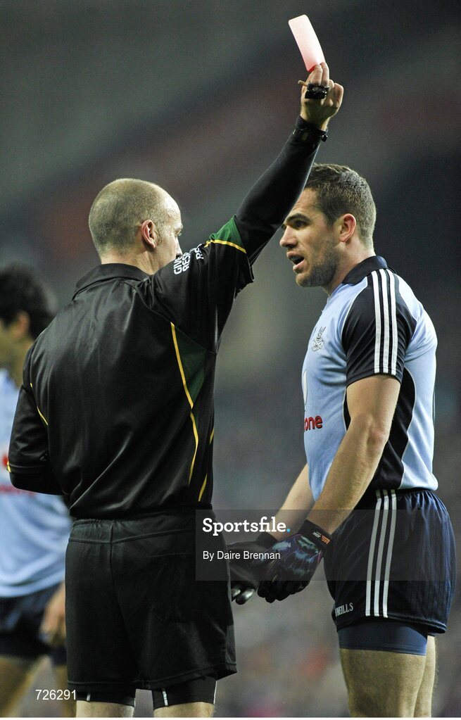 2 March 2013; Referee Cormac Reilly shows Ger Brennan, Dublin, the red card. Allianz Football League, Division 1, Dublin v Mayo, Croke Park, Dublin. Picture credit: Dáire Brennan / SPORTSFILE