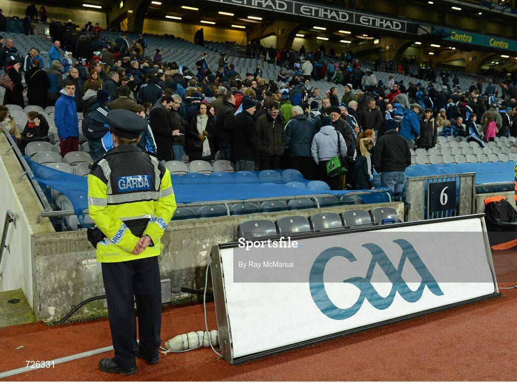 2 March 2013; A member of An Garda Síochána looks on as patrons leave the Cusack Stand after the game. Allianz Football League, Division 1, Dublin v Mayo, Croke Park, Dublin. Picture credit: Ray McManus / SPORTSFILE
