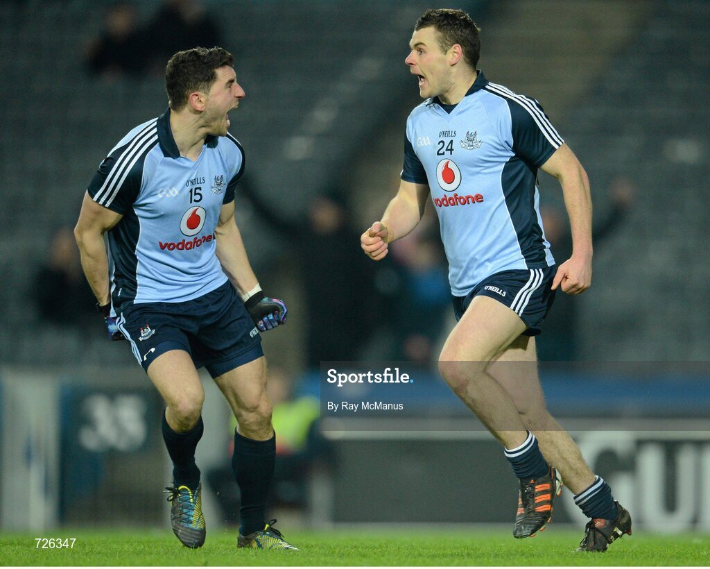 2 March 2013; Kevin McManamon, right, celebrates scoring the second Dublin goal with Bernard Brogan who scored the first. Allianz Football League, Division 1, Dublin v Mayo, Croke Park, Dublin. Picture credit: Ray McManus / SPORTSFILE