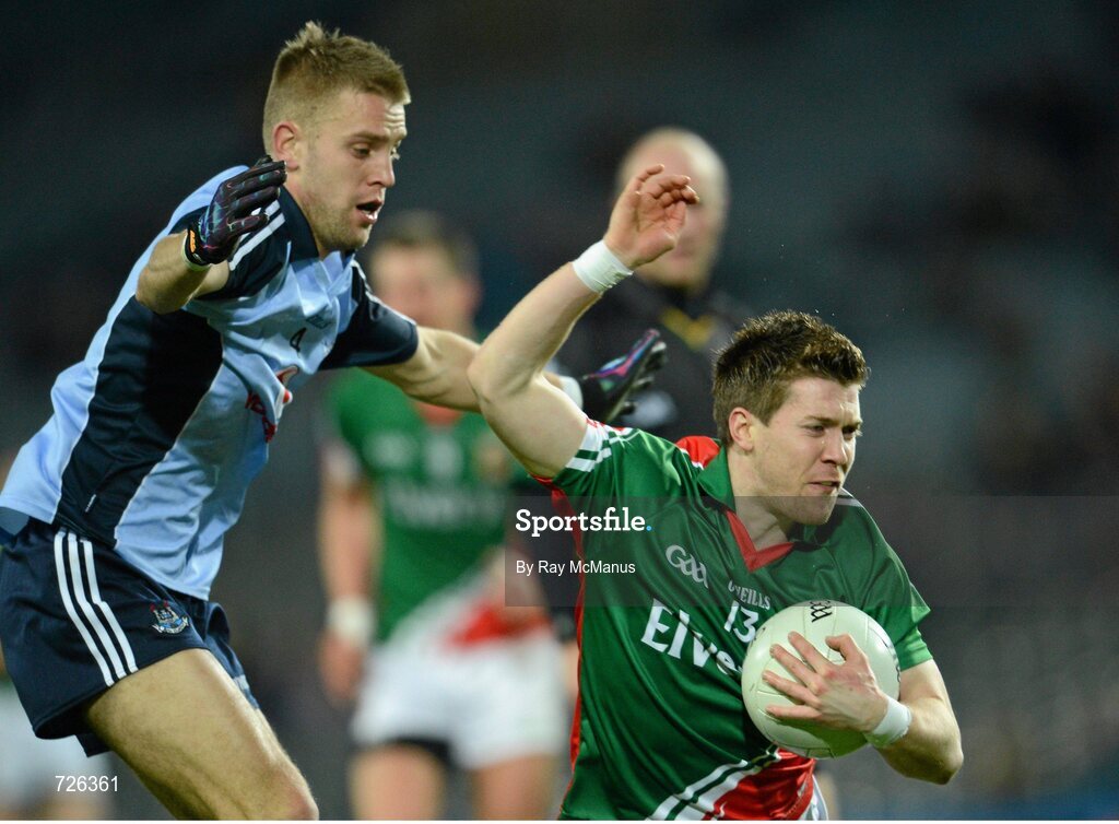 2 March 2013; Enda Varley, Mayo, in action against John Cooper, Dublin. Allianz Football League, Division 1, Dublin v Mayo, Croke Park, Dublin. Picture credit: Ray McManus / SPORTSFILE