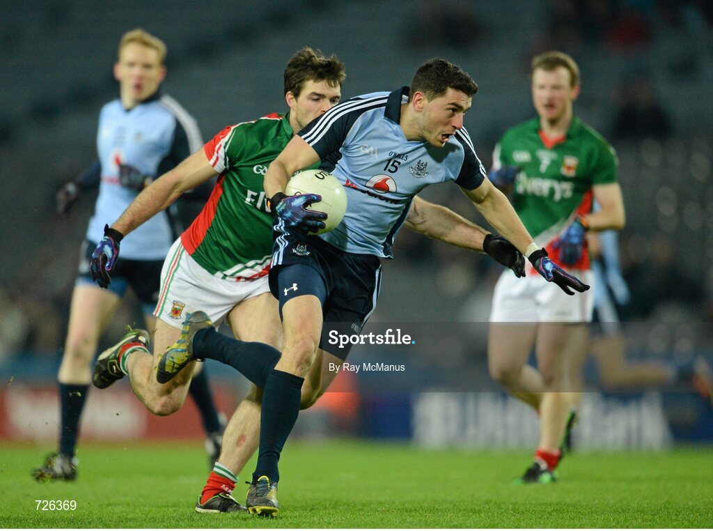 2 March 2013; Bernard Brogan, Dublin, races clear of Mayo full back Ger Cafferkey. Allianz Football League, Division 1, Dublin v Mayo, Croke Park, Dublin. Picture credit: Ray McManus / SPORTSFILE
