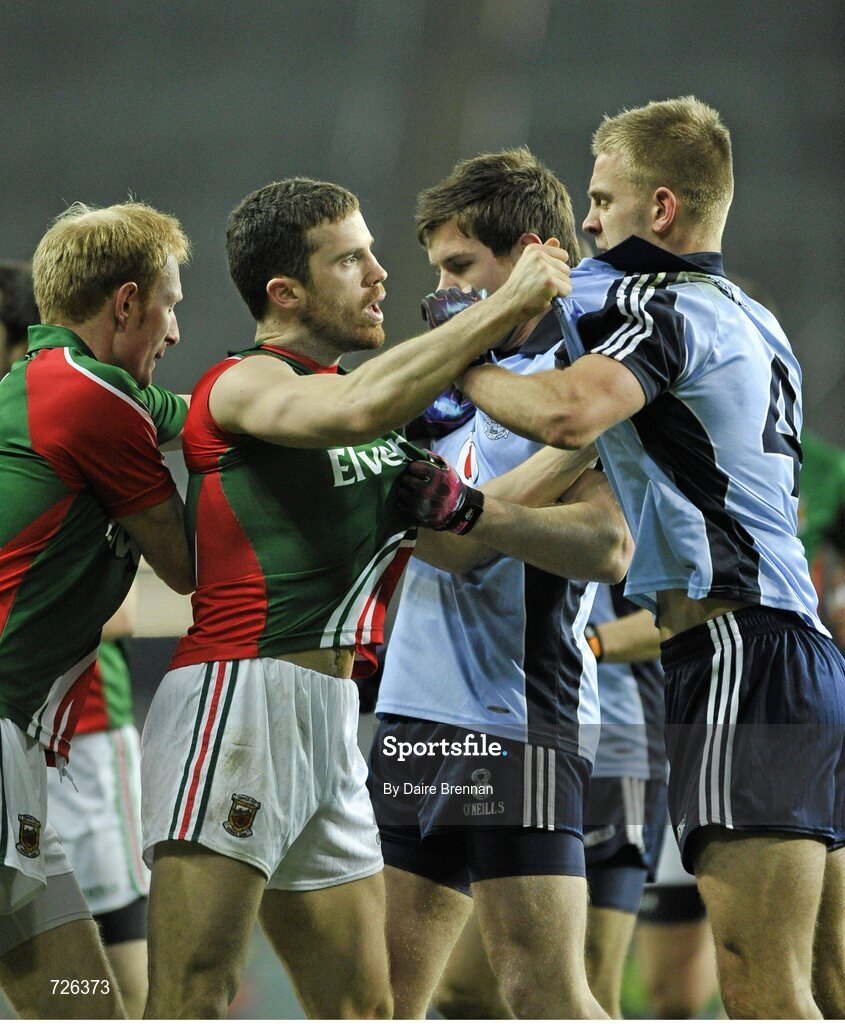 2 March 2013; John Cooper, Dublin, and Chris Barrett, Mayo, involved in an altercation during the second half. Allianz Football League, Division 1, Dublin v Mayo, Croke Park, Dublin. Picture credit: Dáire Brennan / SPORTSFILE