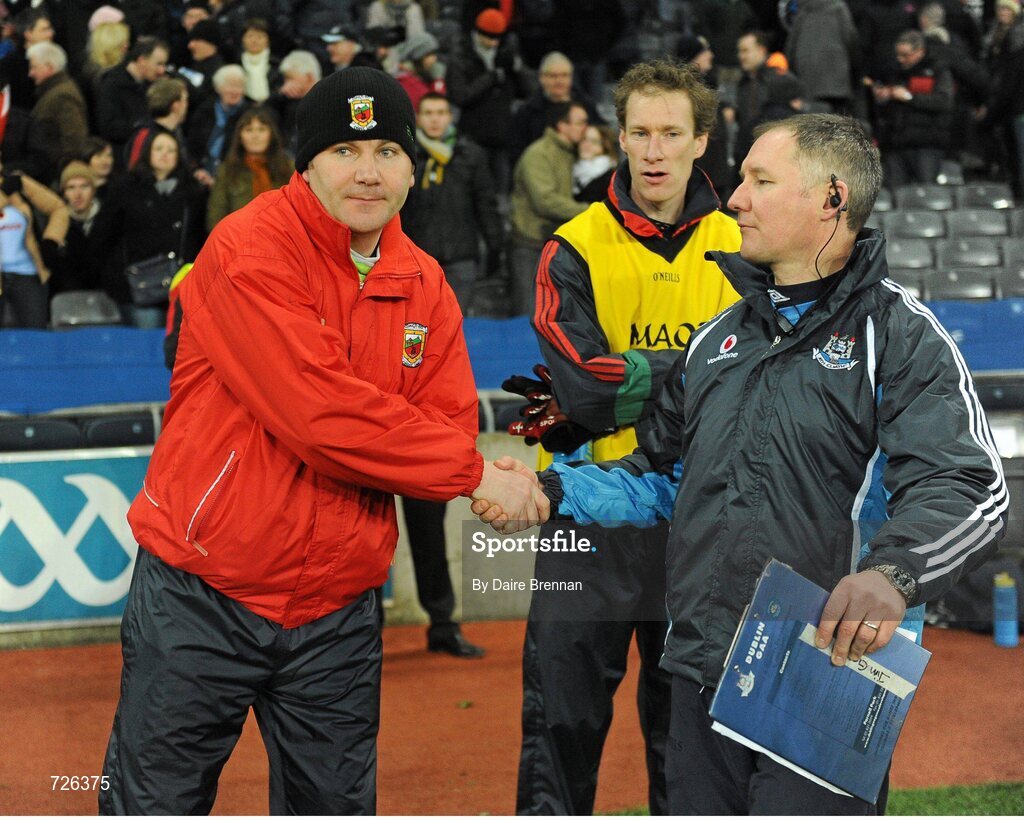 2 March 2013; Dublin manager Jim Gavin shakes hands with Mayo manager James Horan, after the game. Allianz Football League, Division 1, Dublin v Mayo, Croke Park, Dublin. Picture credit: Dáire Brennan / SPORTSFILE