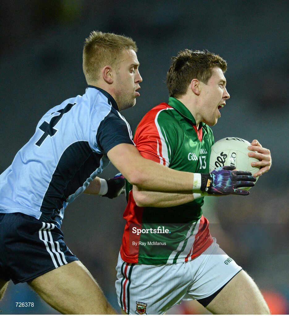 2 March 2013; Enda Varley, Mayo, is tackled by John Cooper, Dublin. Allianz Football League, Division 1, Dublin v Mayo, Croke Park, Dublin. Picture credit: Ray McManus / SPORTSFILE