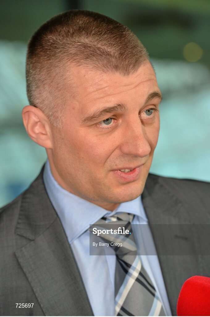 4 March 2013; Shamrock Rovers manager Trevor Croly speaking to the media at the Airtricity League launch 2013. Aviva Stadium, Lansdowne Road, Dublin. Picture credit: Barry Cregg / SPORTSFILE