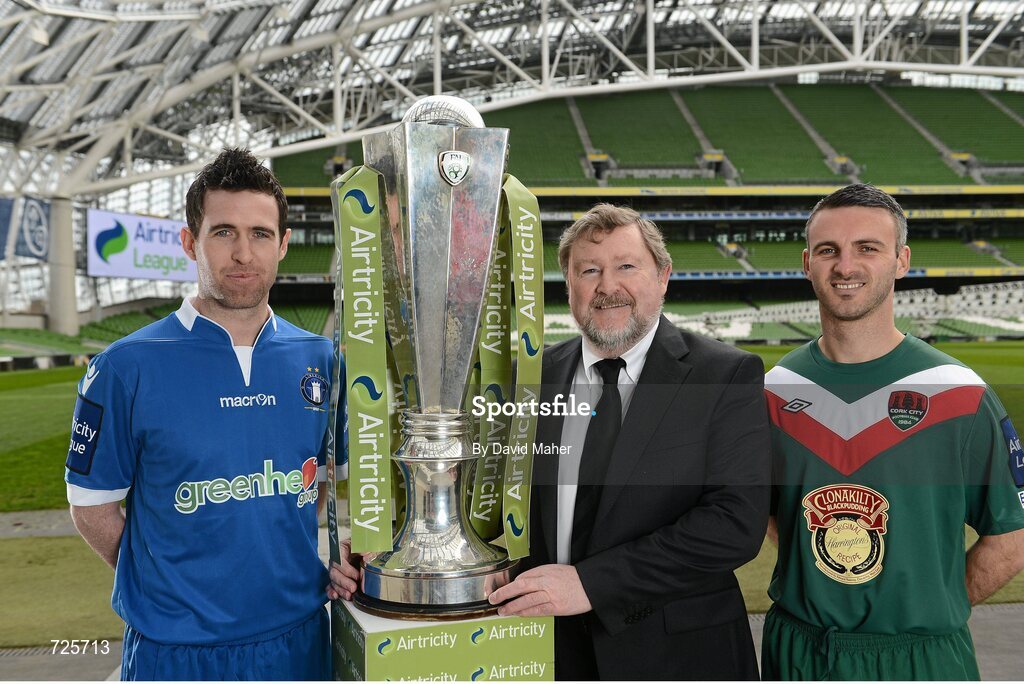 4 March 2013; Stephen Bradley, left, Limerick FC, and Danny Murphy, Cork City, with Ken Barry, Sponsorship Manager Airtricity, in attendance at the Airtricity League launch 2013, both teams will face each other during the opening weekend of the Airtricity League Premier Division. Aviva Stadium, Lansdowne Road, Dublin. Picture credit: David Maher / SPORTSFILE
