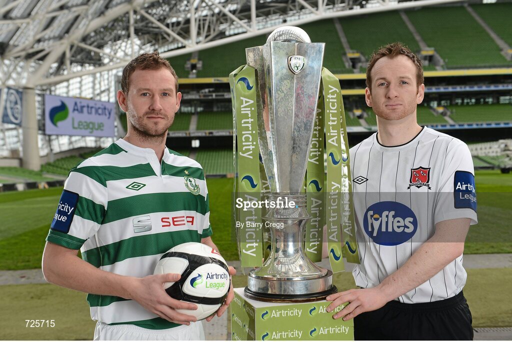 4 March 2013; Pat Sullivan, left, Shamrock Rovers, and Stephen O'Donnell, Dundalk, in attendance at the Airtricity League launch 2013. Aviva Stadium, Lansdowne Road, Dublin. Picture credit: Barry Cregg / SPORTSFILE