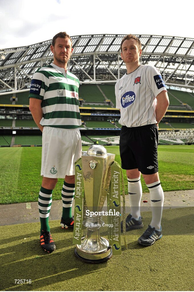 4 March 2013; Pat Sullivan, left, Shamrock Rovers, and Stephen O'Donnell, Dundalk, in attendance at the Airtricity League launch 2013. Aviva Stadium, Lansdowne Road, Dublin. Picture credit: Barry Cregg / SPORTSFILE
