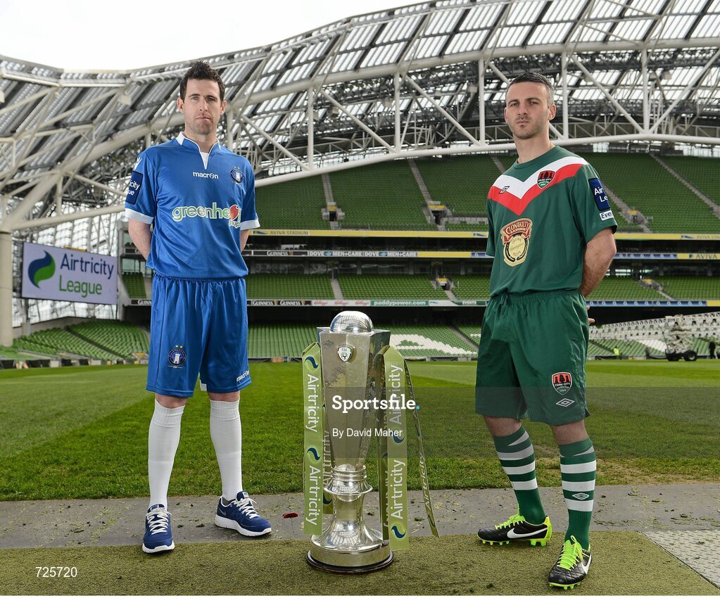 4 March 2013; Stephen Bradley, left, Limerick FC, and Danny Murphy, Cork City, in attendance at the Airtricity League launch 2013, both teams will face each other during the opening weekend of the Airtricity League Premier Division. Aviva Stadium, Lansdowne Road, Dublin. Picture credit: David Maher / SPORTSFILE
