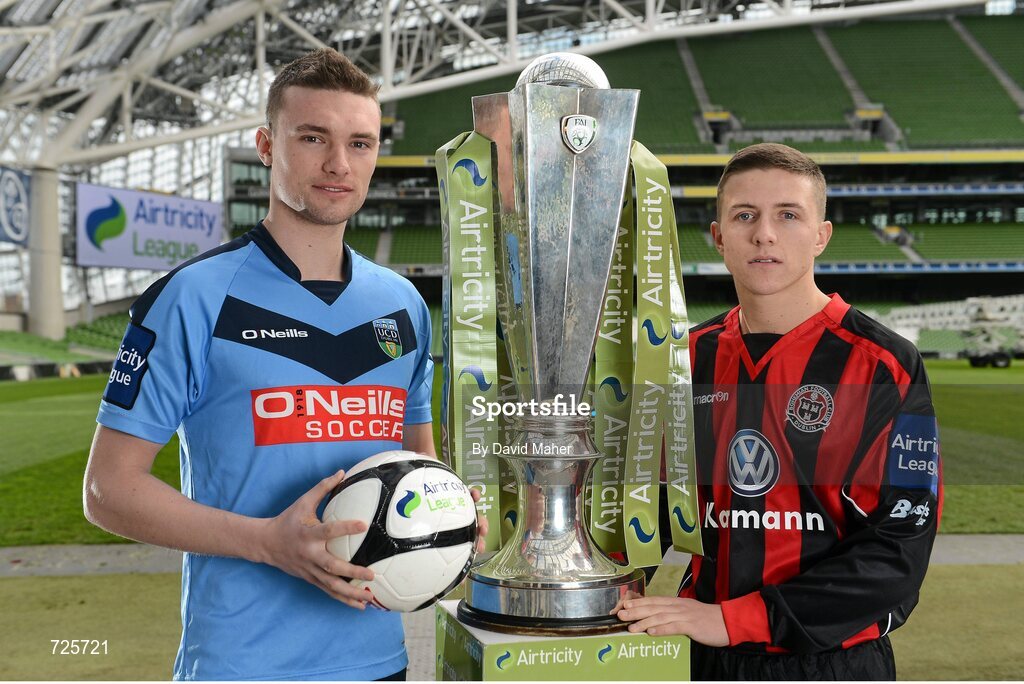 4 March 2013; Michael Leahy, left, UCD, and Keith Buckley, Bohemians, in attendance at the Airtricity League launch 2013 both teams will face each other during the opening weekend of the Airtricity League Premier Division. Aviva Stadium, Lansdowne Road, Dublin. Picture credit: David Maher / SPORTSFILE