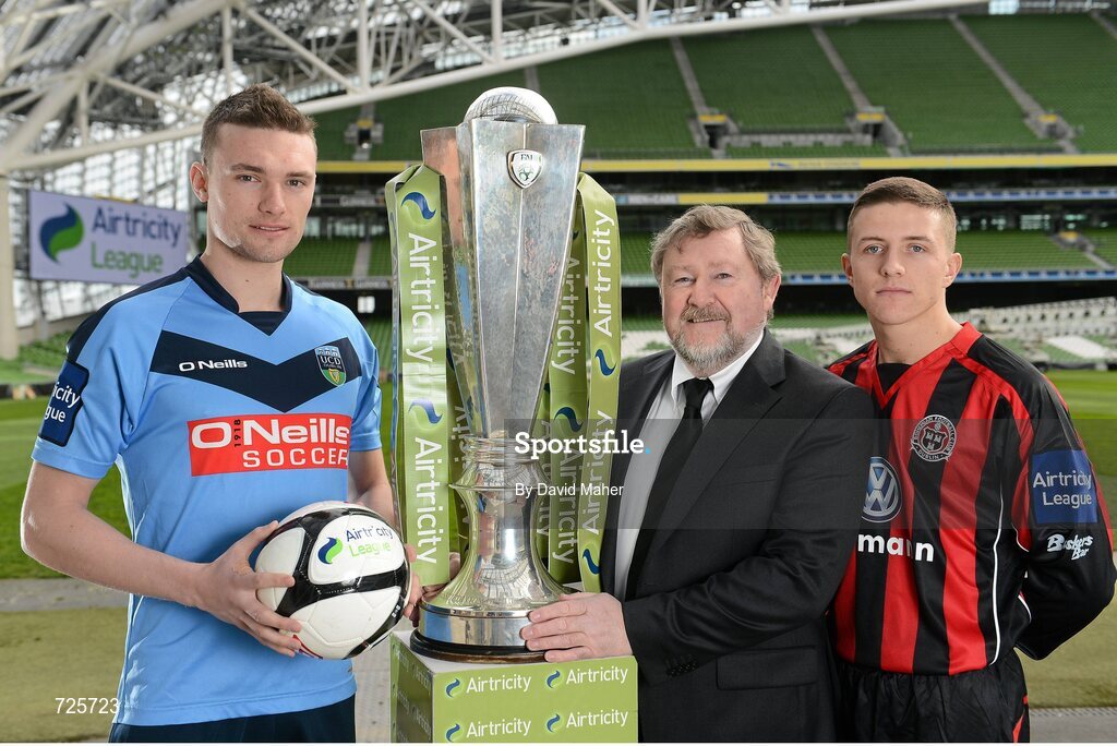 4 March 2013; Michael Leahy, left, UCD, and Keith Buckley, Bohemians, with Ken Barry, Sponsorship Manager Airtricity, in attendance at the Airtricity League launch 2013 both teams will face each other during the opening weekend of the Airtricity League Premier Division. Aviva Stadium, Lansdowne Road, Dublin. Picture credit: David Maher / SPORTSFILE