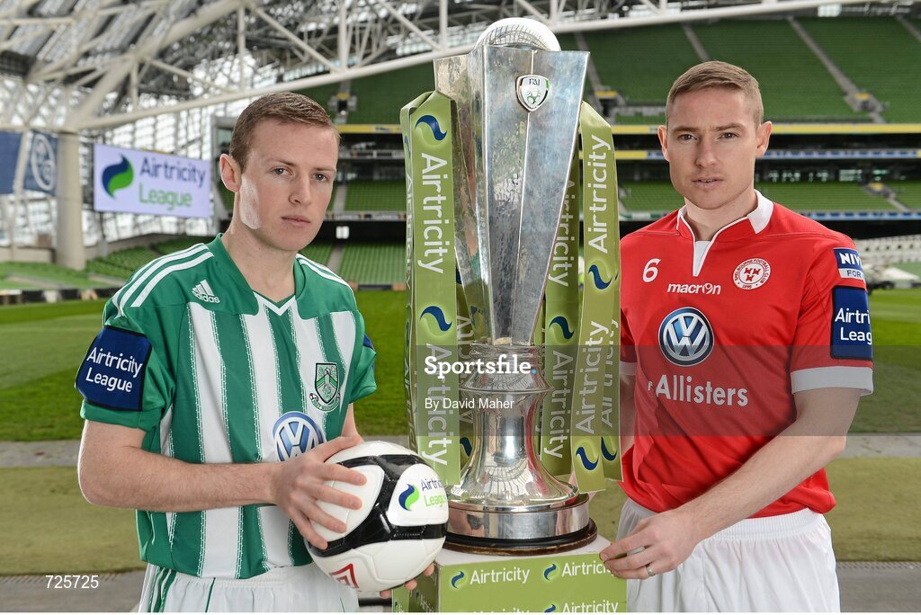4 March 2013; Dean Zambra, left, Bray Wanderers, with Glenn Cronin, Shelbourne, in attendance at the Airtricity League launch 2013, both teams will face each other during the opening weekend of the Airtricity League Premier Division. Aviva Stadium, Lansdowne Road, Dublin. Picture credit: David Maher / SPORTSFILE