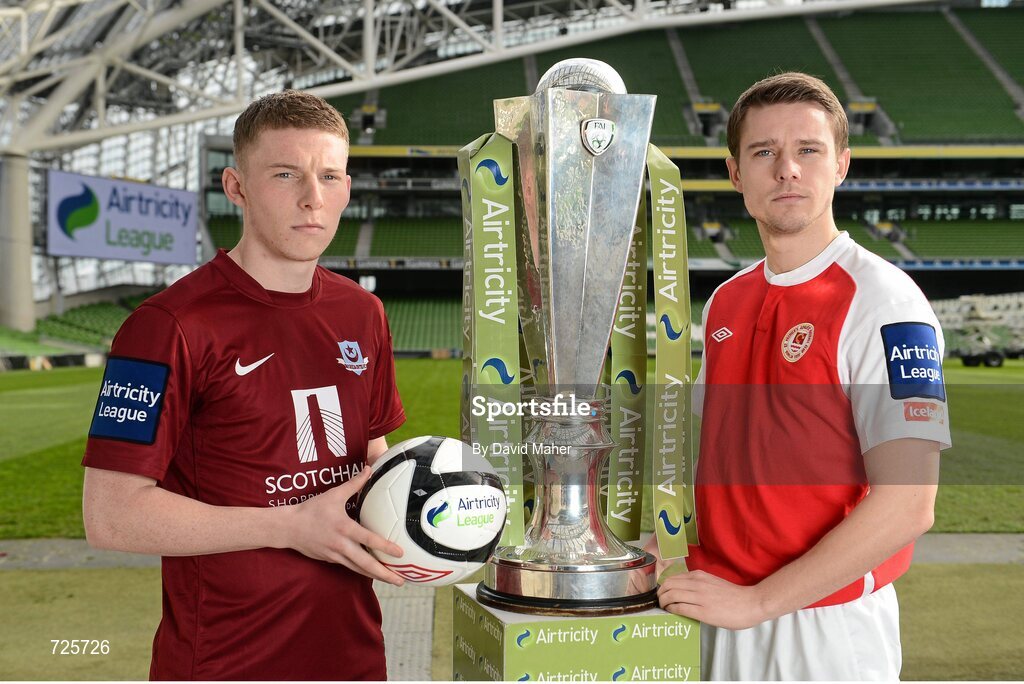 4 March 2013; Eric Foley, left, Drogheda United, and Ger O'Brien, St. Patrick's Athletic, in attendance at the Airtricity League launch 2013 both teams will face each other during the opening weekend of the Airtricity League Premier Division. Aviva Stadium, Lansdowne Road, Dublin. Picture credit: David Maher / SPORTSFILE