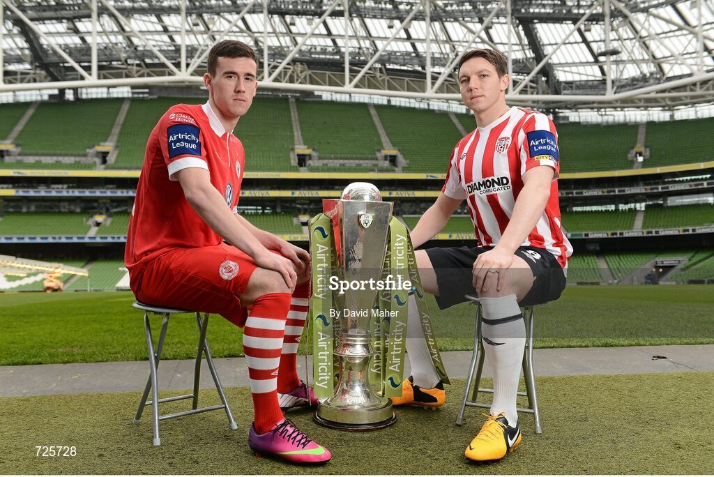 4 March 2013; Aaron Greene, left, Sligo Rovers, and Kevin Deery, Derry City, in attendance at the Airtricity League launch 2013 both teams will face each other during the opening weekend of the Airtricity League Premier Division. Aviva Stadium, Lansdowne Road, Dublin. Picture credit: David Maher / SPORTSFILE