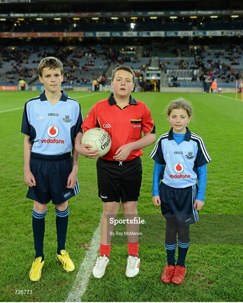 2 March 2013; Mark Cleary, aged 12, left, from Raheny GAA, Jack Roche, aged 11, Trinity Gaels, and Caoimhe Keohane, aged nine, Scoil Uí Chonaill, before the game. Allianz Football League, Division 1, Dublin v Mayo, Croke Park, Dublin. Picture credit: Ray McManus / SPORTSFILE