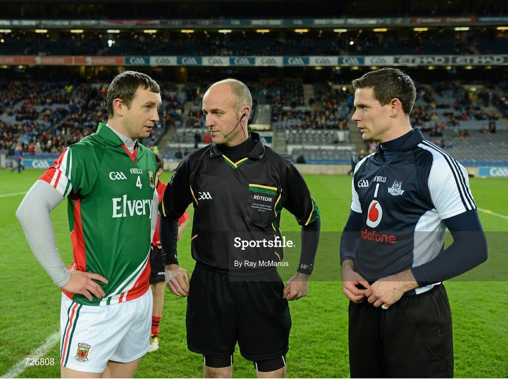 2 March 2013; Match referee Cormac Reilly with the Dublin captain Stephen Cluxton, right, and Mayo captain Keith Higgins. Allianz Football League, Division 1, Dublin v Mayo, Croke Park, Dublin. Picture credit: Ray McManus / SPORTSFILE