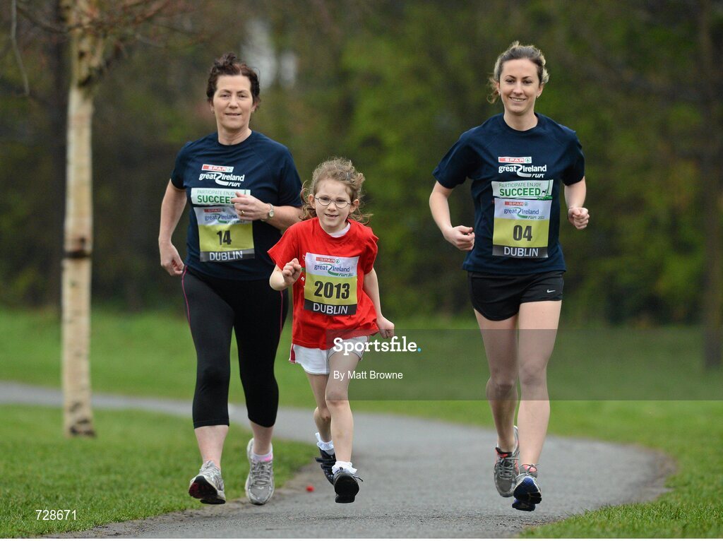 8 March 2013; Mother’s Day is the perfect training time for three generations of the Shine family, from Blackrock, Co. Dublin, who are all taking part in the SPAR Great Ireland Run on April 14th in the Phoenix Park. Mia, 7, will be running in the one mile Mini Run for five to eight year olds before her mum Fiona, 27, right, and Fiona’s mum Mairin, 57, left, tackle 10k together along with Irish golden girl, European Cross Country champion Fionnuala Britton and 12,000 other runners, joggers and walkers. It will all be part of a Ireland’s biggest and best family running day out. Information and entries are at www.greatirelandrun.org. Avoca Park, Blackrock, Co. Dublin. Picture credit: Matt Browne / SPORTSFILE