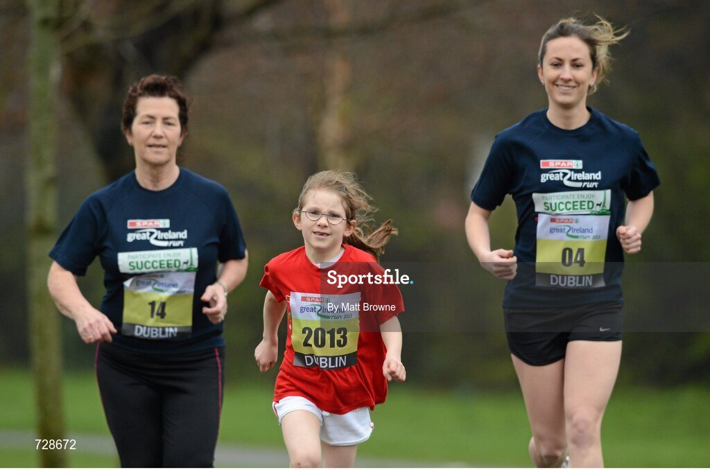 8 March 2013; Mother’s Day is the perfect training time for three generations of the Shine family, from Blackrock, Co. Dublin, who are all taking part in the SPAR Great Ireland Run on April 14th in the Phoenix Park. Mia, 7, will be running in the one mile Mini Run for five to eight year olds before her mum Fiona, 27, right, and Fiona’s mum Mairin, 57, left, tackle 10k together along with Irish golden girl, European Cross Country champion Fionnuala Britton and 12,000 other runners, joggers and walkers. It will all be part of a Ireland’s biggest and best family running day out. Information and entries are at www.greatirelandrun.org. Avoca Park, Blackrock, Co. Dublin. Picture credit: Matt Browne / SPORTSFILE