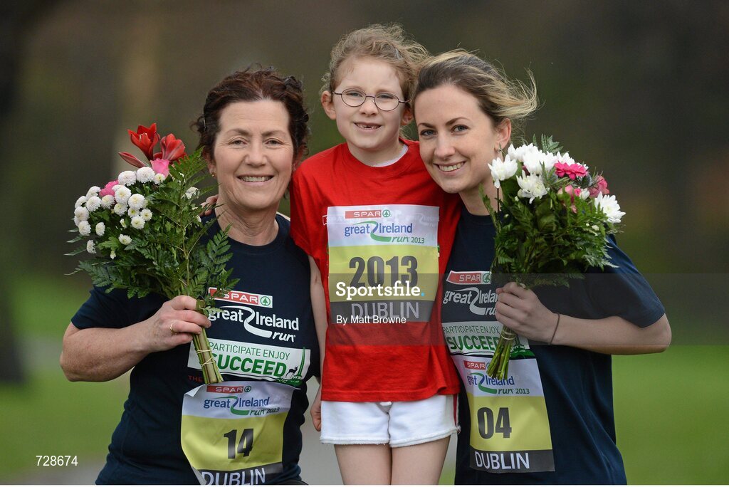 8 March 2013; Mother’s Day is the perfect training time for three generations of the Shine family, from Blackrock, Co. Dublin, who are all taking part in the SPAR Great Ireland Run on April 14th in the Phoenix Park. Mia, 7, will be running in the one mile Mini Run for five to eight year olds before her mum Fiona, 27, right, and Fiona’s mum Mairin, 57, left, tackle 10k together along with Irish golden girl, European Cross Country champion Fionnuala Britton and 12,000 other runners, joggers and walkers. It will all be part of a Ireland’s biggest and best family running day out. Information and entries are at www.greatirelandrun.org. Avoca Park, Blackrock, Co. Dublin. Picture credit: Matt Browne / SPORTSFILE