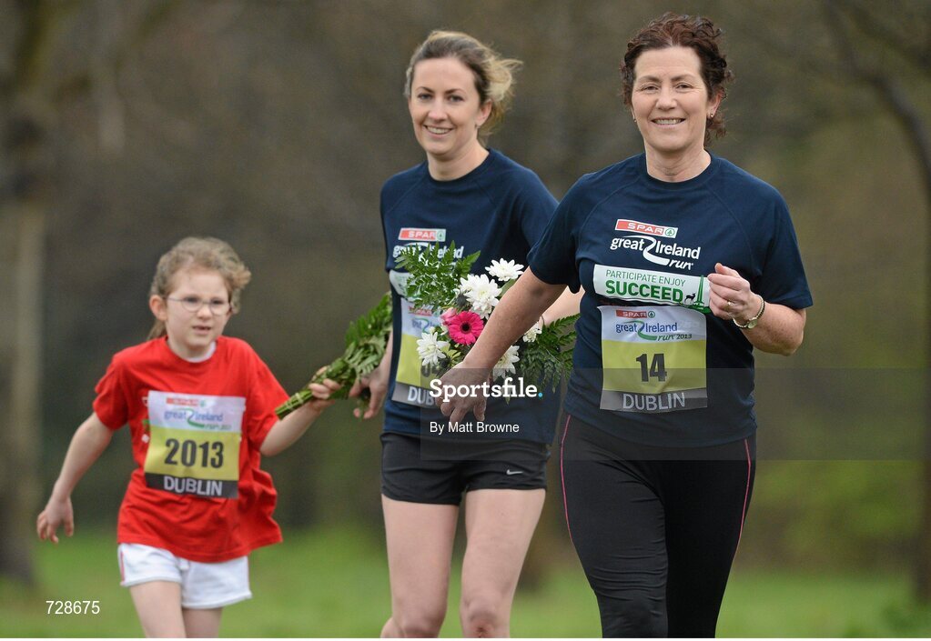 8 March 2013; Mother’s Day is the perfect training time for three generations of the Shine family, from Blackrock, Co. Dublin, who are all taking part in the SPAR Great Ireland Run on April 14th in the Phoenix Park. Mia, 7, will be running in the one mile Mini Run for five to eight year olds before her mum Fiona, 27, center, and Fiona’s mum Mairin, 57, right. tackle 10k together along with Irish golden girl, European Cross Country champion Fionnuala Britton and 12,000 other runners, joggers and walkers. It will all be part of a Ireland’s biggest and best family running day out. Information and entries are at www.greatirelandrun.org. Avoca Park, Blackrock, Co. Dublin. Picture credit: Matt Browne / SPORTSFILE