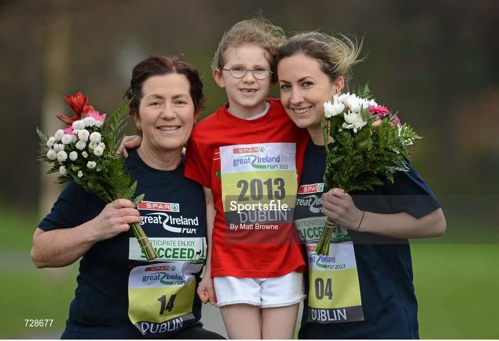8 March 2013; Mother’s Day is the perfect training time for three generations of the Shine family, from Blackrock, Co. Dublin, who are all taking part in the SPAR Great Ireland Run on April 14th in the Phoenix Park. Mia, 7, will be running in the one mile Mini Run for five to eight year olds before her mum Fiona, 27, right, and Fiona’s mum Mairin, 57, left, tackle 10k together along with Irish golden girl, European Cross Country champion Fionnuala Britton and 12,000 other runners, joggers and walkers. It will all be part of a Ireland’s biggest and best family running day out. Information and entries are at www.greatirelandrun.org. Avoca Park, Blackrock, Co. Dublin. Picture credit: Matt Browne / SPORTSFILE