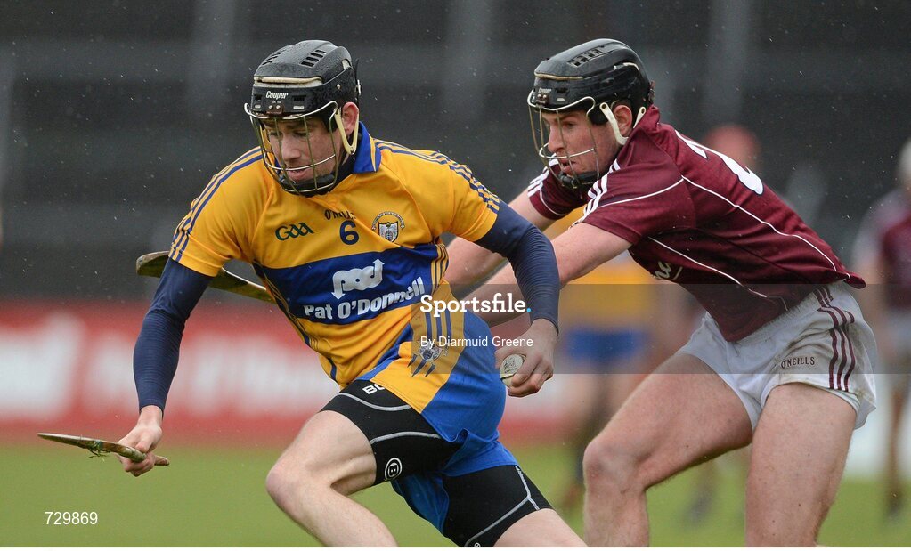 10 March 2013; Patrick Donnellan, Clare, in action against Tadhg Haran, Galway. Allianz Hurling League, Division 1A, Clare v Galway, Cusack Park, Ennis, Co. Clare. Picture credit: Diarmuid Greene / SPORTSFILE