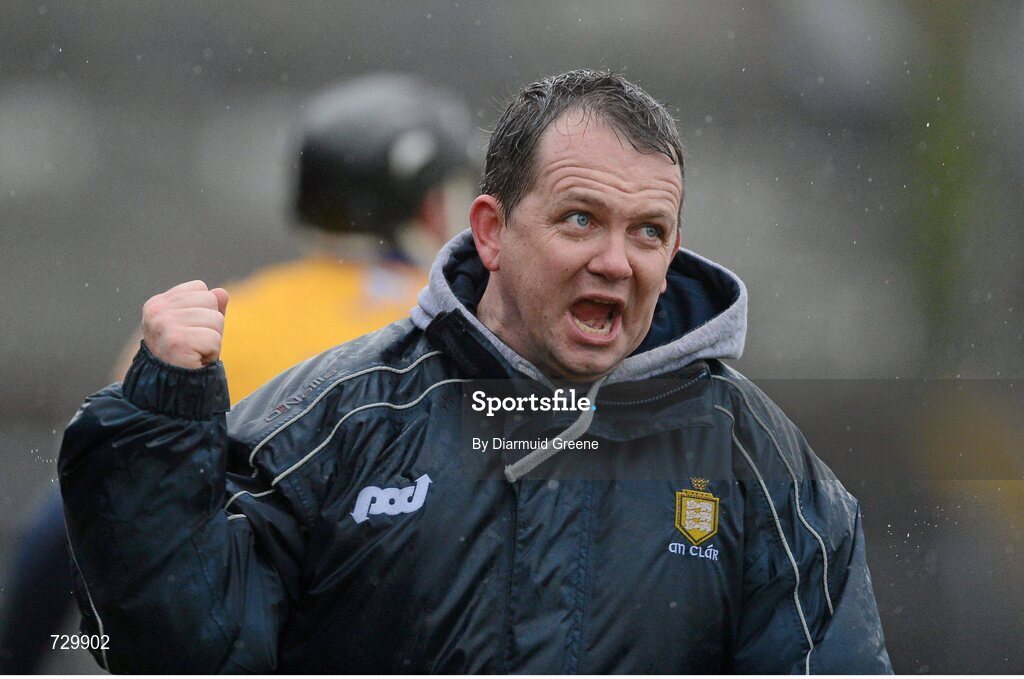 10 March 2013; Clare manager Davy Fitzgerald celebrates at the final whistle after victory over Galway. Allianz Hurling League, Division 1A, Clare v Galway, Cusack Park, Ennis, Co. Clare. Picture credit: Diarmuid Greene / SPORTSFILE