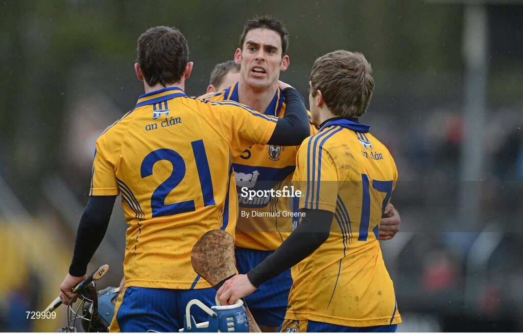 10 March 2013; Clare players Nicky O'Connell, left, Brendan Bugler, centre, and Shane O'Donnell celebrate after victory over Galway. Allianz Hurling League, Division 1A, Clare v Galway, Cusack Park, Ennis, Co. Clare. Picture credit: Diarmuid Greene / SPORTSFILE