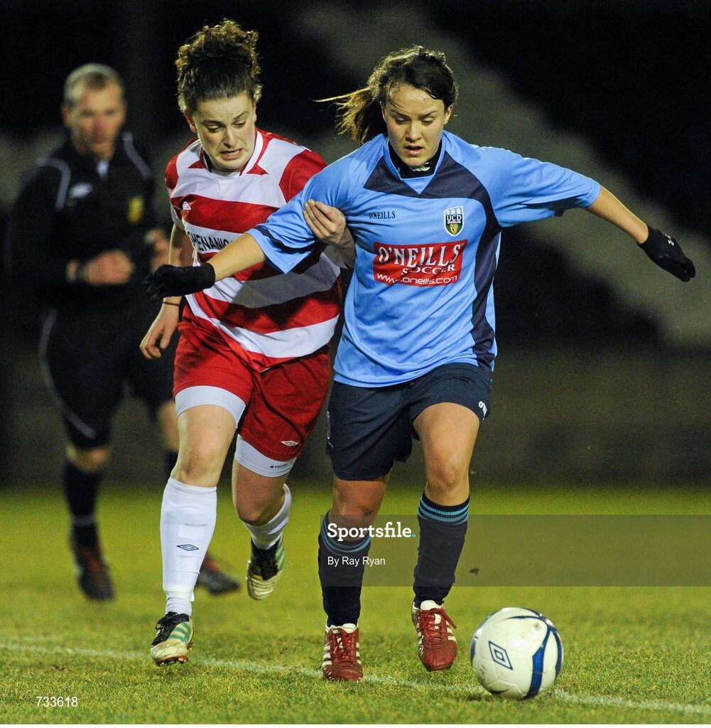 19 March 2013; Ciara Grant, University College Dublin, in action against Kathryn Sullivan, IT Sligo. WSCAI Premier Division Final, IT Sligo v University College Dublin, Eamon Deacy Park, Galway. Picture credit: Ray Ryan / SPORTSFILE
