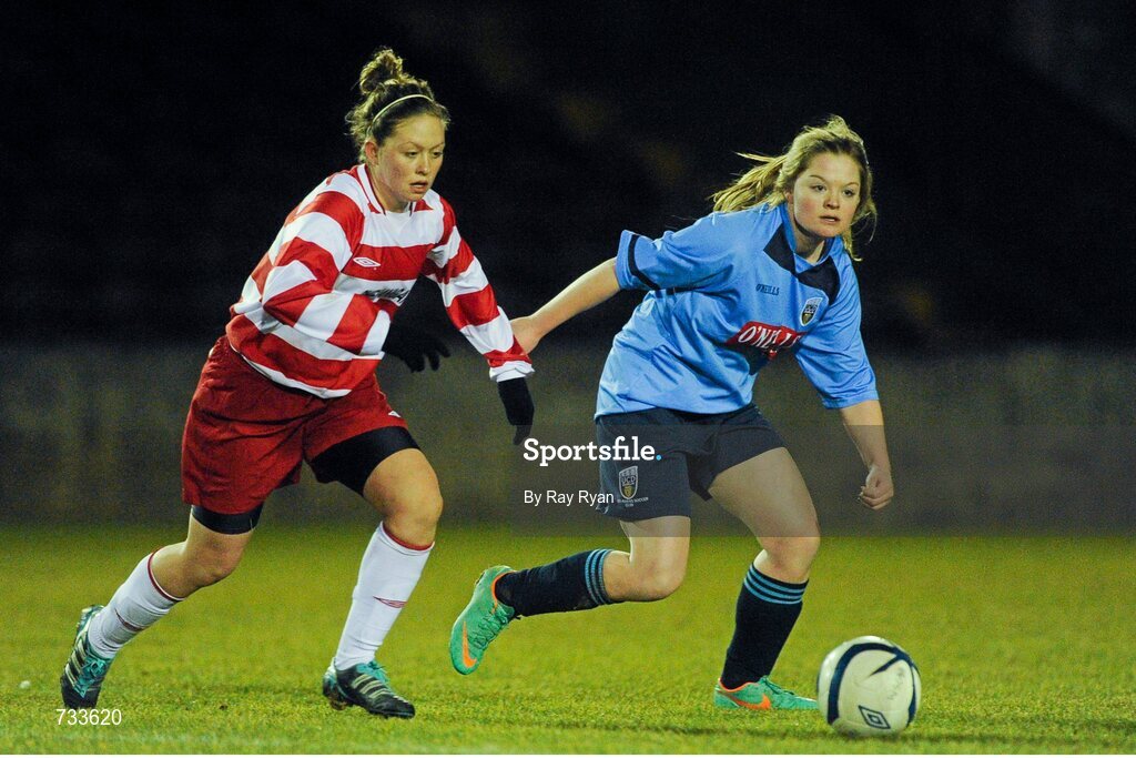 19 March 2013; Emily Jennings, University College Dublin, in action against Emma Hansberry, IT Sligo. WSCAI Premier Division Final, IT Sligo v University College Dublin, Eamon Deacy Park, Galway. Picture credit: Ray Ryan / SPORTSFILE