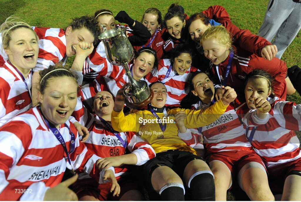 19 March 2013; IT Sligo goalkeeper and captain Roisin McCafferty celebrates with the cup alongside her team-mates. WSCAI Premier Division Final, IT Sligo v University College Dublin, Eamon Deacy Park, Galway. Picture credit: Ray Ryan / SPORTSFILE