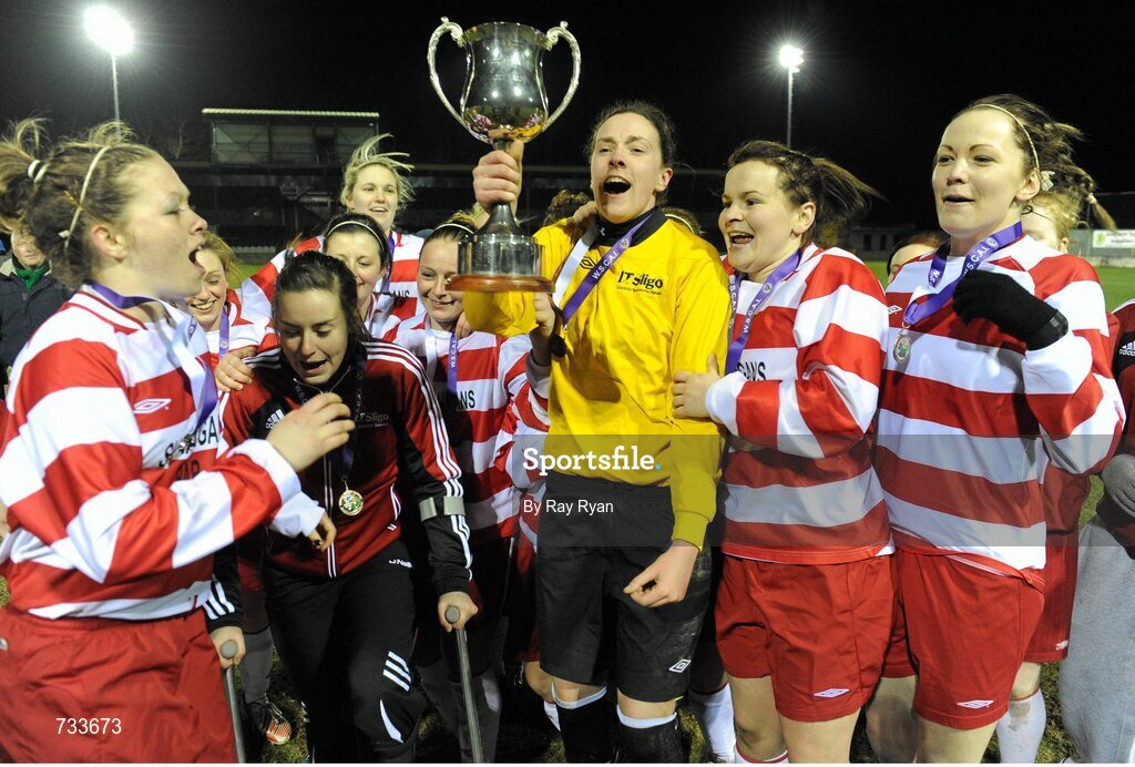 19 March 2013; IT Sligo goalkeeper and captain Roisin McCafferty lifts the cup alongside her team-mates. WSCAI Premier Division Final, IT Sligo v University College Dublin, Eamon Deacy Park, Galway. Picture credit: Ray Ryan / SPORTSFILE