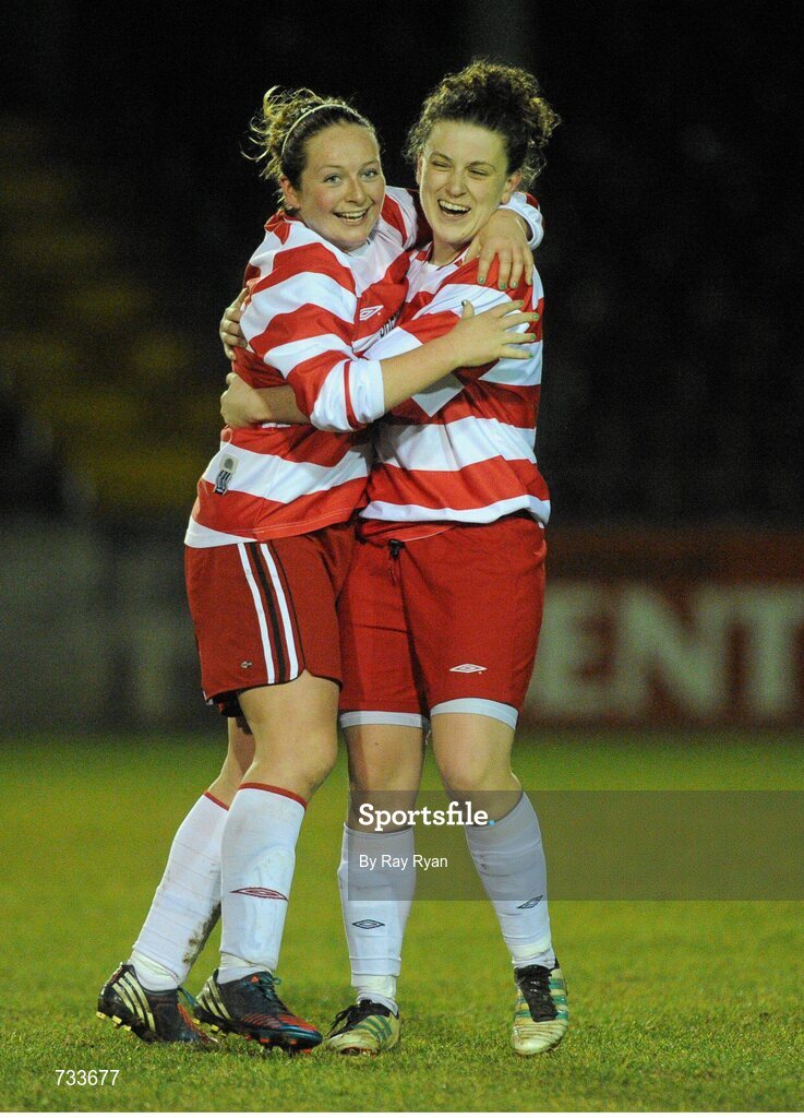 19 March 2013; Nicole Fowley and Kathryn Sullivan, IT Sligo, celebrate after the game. WSCAI Premier Division Final, IT Sligo v University College Dublin, Eamon Deacy Park, Galway. Picture credit: Ray Ryan / SPORTSFILE