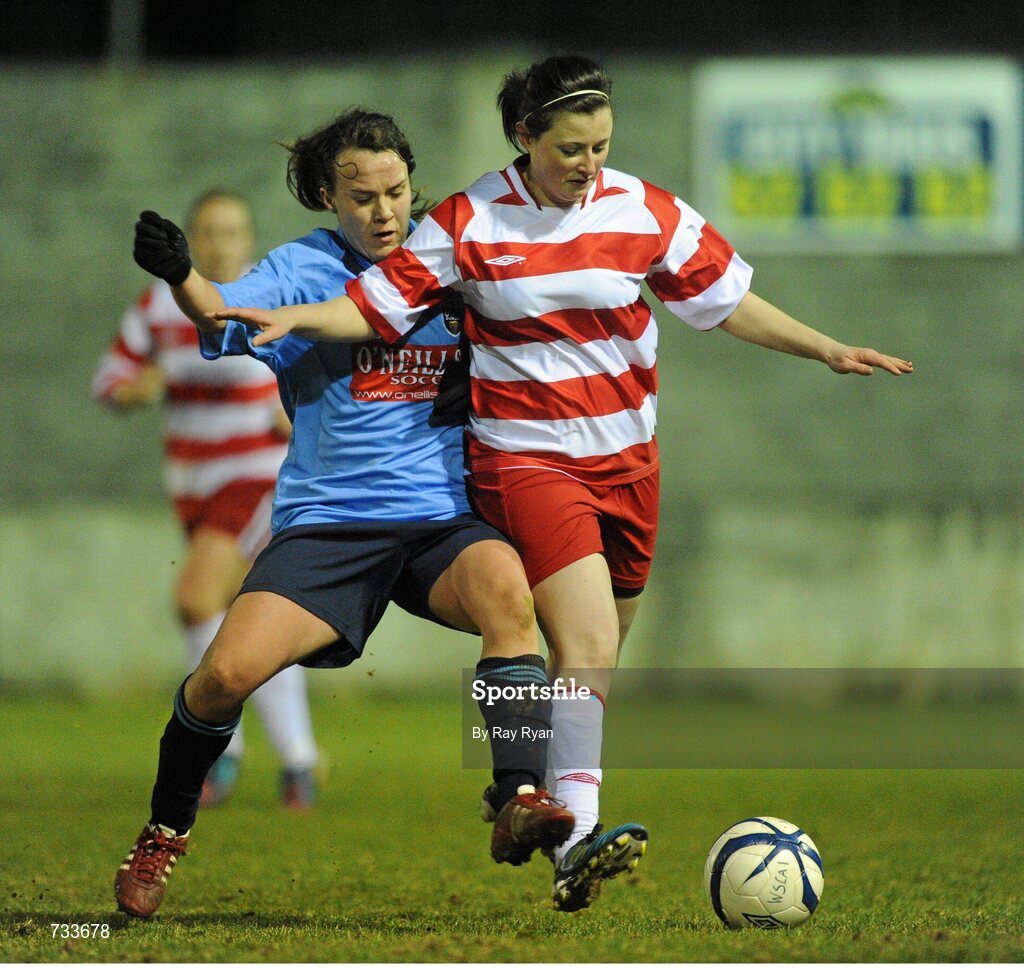 19 March 2013; Enya Clarke, IT Sligo, in action against Ciara Grant, University College Dublin. WSCAI Premier Division Final, IT Sligo v University College Dublin, Eamon Deacy Park, Galway. Picture credit: Ray Ryan / SPORTSFILE
