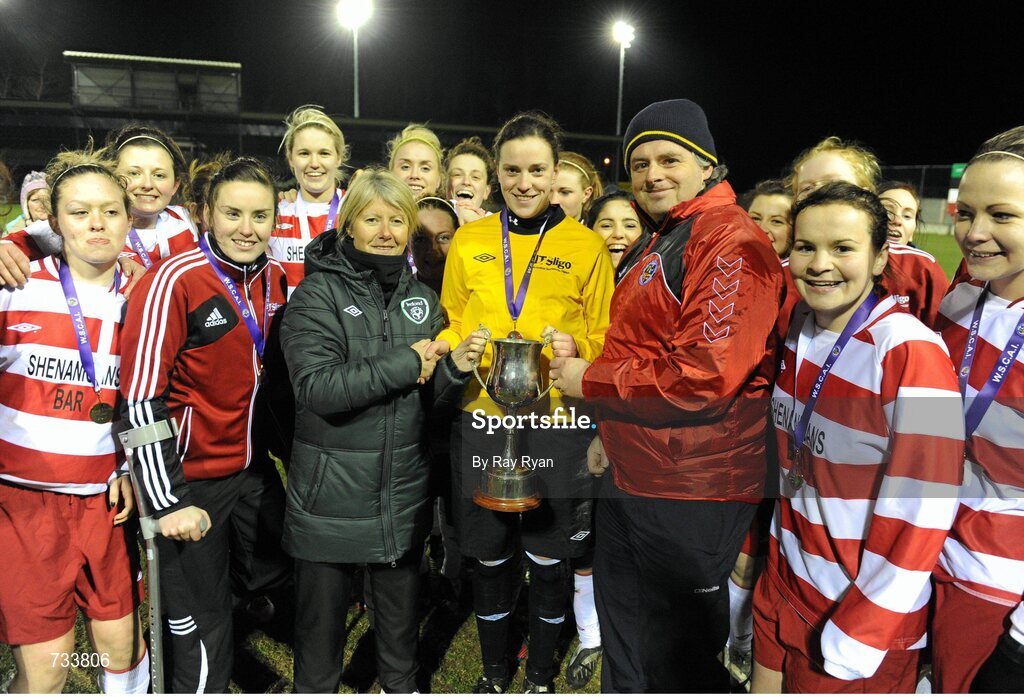 19 March 2013; IT Sligo goalkeeper and captain Roisin McCafferty is presented with the cup by Republic of Ireland manager Sue Ronan. WSCAI Premier Division Final, IT Sligo v University College Dublin, Eamon Deacy Park, Galway. Picture credit: Ray Ryan / SPORTSFILE