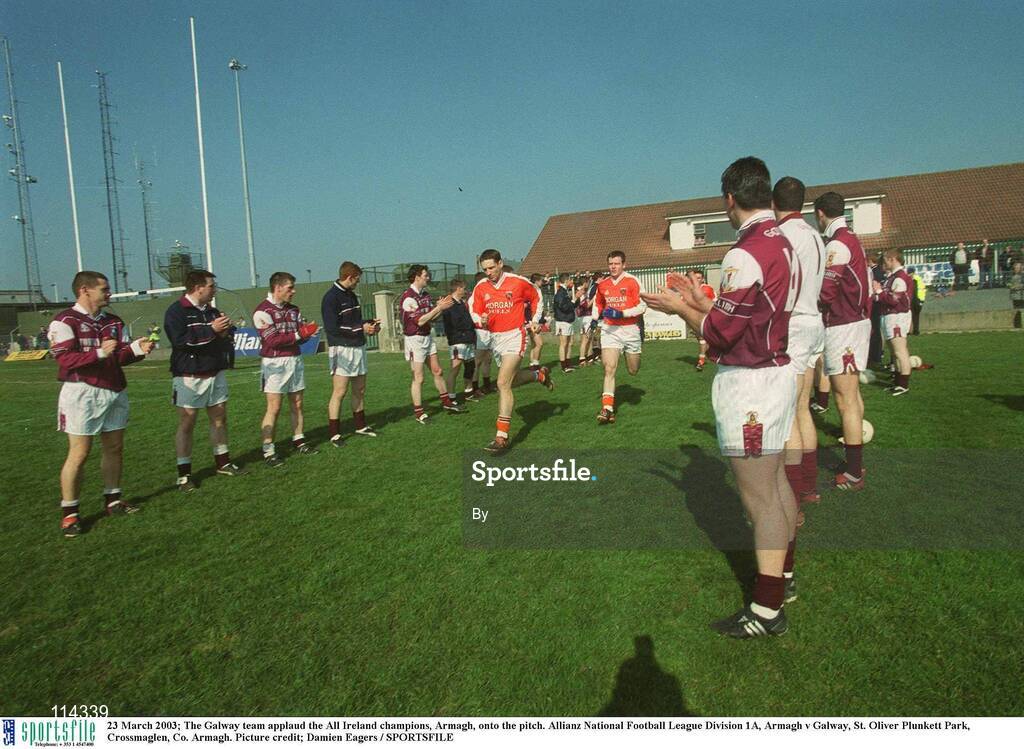 23 March 2003; The Galway team applaud the All Ireland champions, Armagh, onto the pitch. Allianz National Football League Division 1A, Armagh v Galway, St. Oliver Plunkett Park, Crossmaglen, Co. Armagh. Picture credit; Damien Eagers / SPORTSFILE