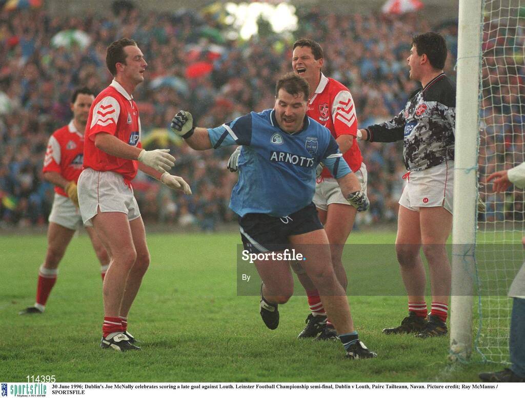 30 June 1996; Dublin's Joe McNally celebrates scoring a late goal against Louth. Leinster Football Championship semi-final, Dublin v Louth, Pairc Tailteann, Navan. Picture credit; Ray McManus / SPORTSFILE