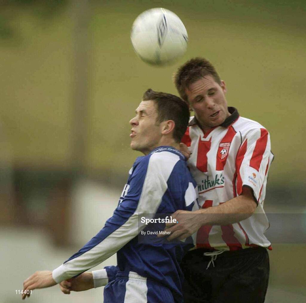 29 May 2003; Vinnie Sullivan, Waterford United, in action against Billy Clery, Derry City. eircom league, Premier Division, Derry City v Waterford United, Brandywell, Derry. Soccer. Picture credit; David Maher / SPORTSFILE *EDI*