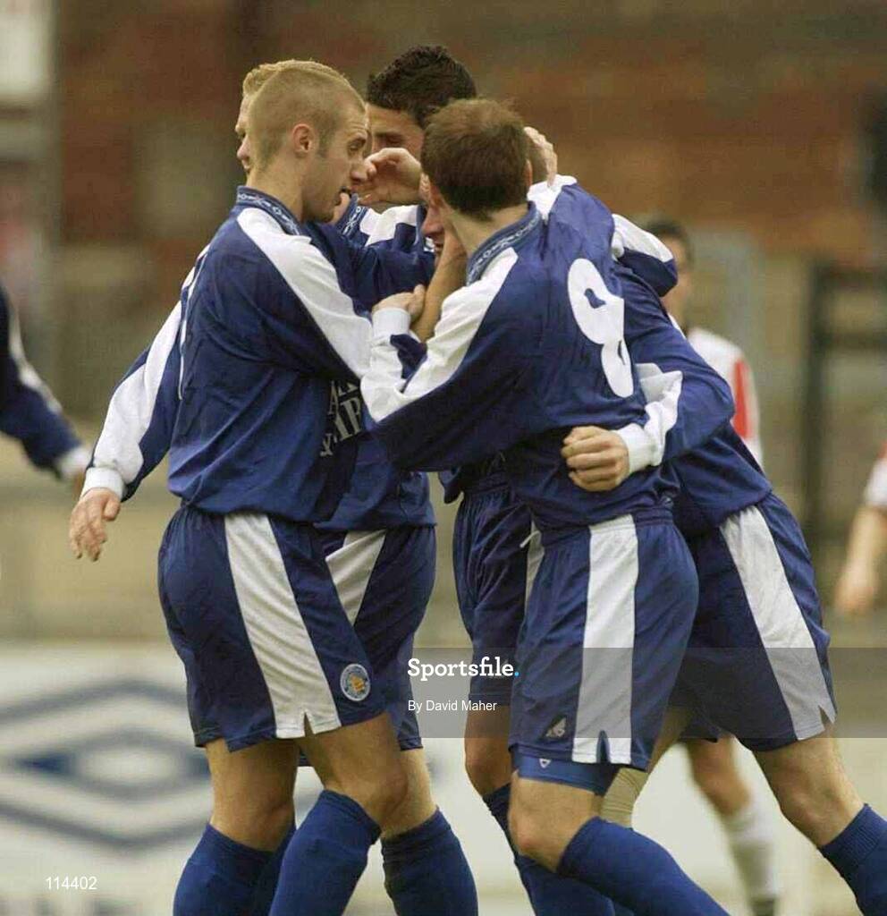 29 May 2003; Willie Byrne, hidden, Waterford United, celebrates after scoring his sides equalizing goal with team-mates. eircom league, Premier Division, Derry City v Waterford United, Brandywell, Derry. Soccer. Picture credit; David Maher / SPORTSFILE *EDI*