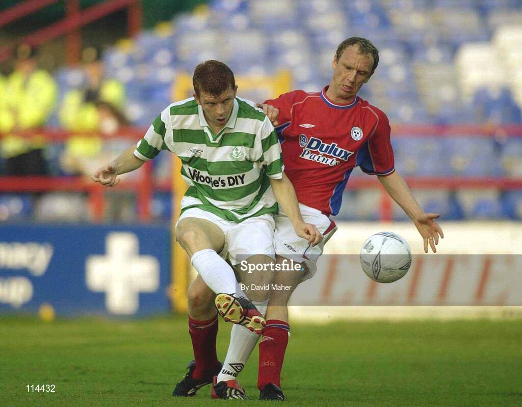 30 May 2003; Glen Fitzpatrick, Shamrock Rovers, in action against Tony McCarthy, Shelbourne. eircom league, Premier Division, Shelbourne v Shamrock Rovers, Tolka Park, Dublin. Soccer. Picture credit; David Maher / SPORTSFILE *EDI*