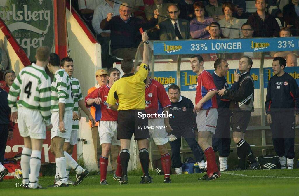30 May 2003; Referee Paul McKeon sends off Jason Byrne, right, Shelbourne. eircom league, Premier Division, Shelbourne v Shamrock Rovers, Tolka Park, Dublin. Soccer. Picture credit; David Maher / SPORTSFILE *EDI*