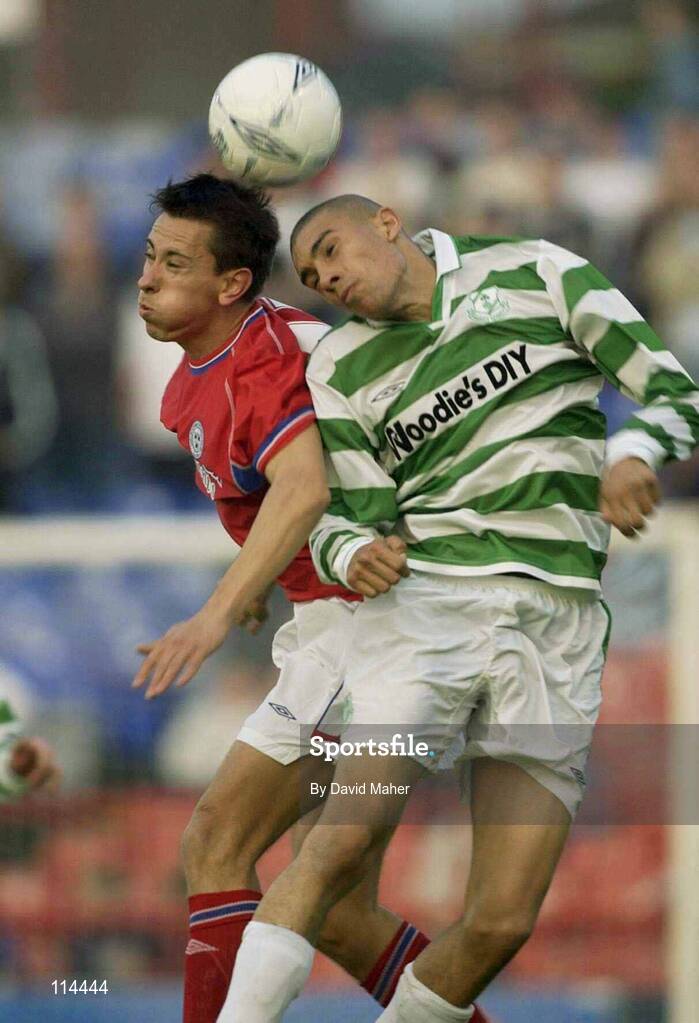 30 May 2003; Ger McCarthy, Shelbourne, in action against Richie Byrne, Shamrock Rovers. eircom league, Premier Division, Shelbourne v Shamrock Rovers, Tolka Park, Dublin. Soccer. Picture credit; David Maher / SPORTSFILE *EDI*